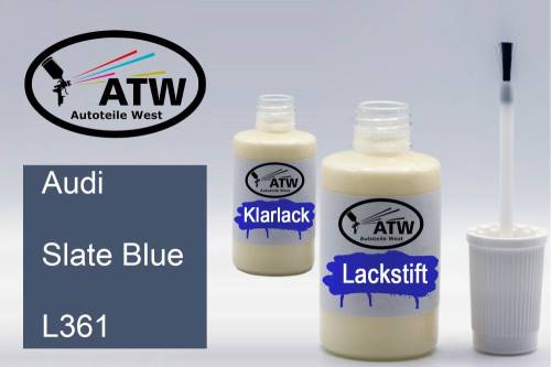 Audi, Slate Blue, L361: 20ml Lackstift + 20ml Klarlack - Set, von ATW Autoteile West.